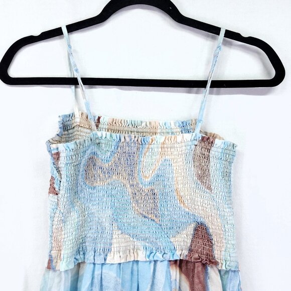 Aritzia Wilfred Linen Mini Dress Size Small Water Color Tiered Shirred Top - Picture 10 of 11